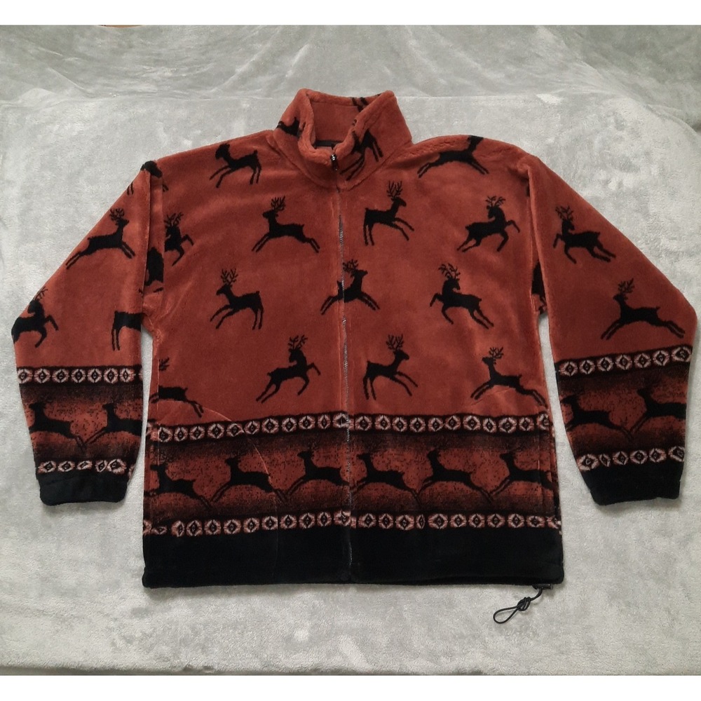 Vintage Mazmania Deer Fleece Jacket USA Made Zip Up Mens Large 90s Outdoors Y2K
